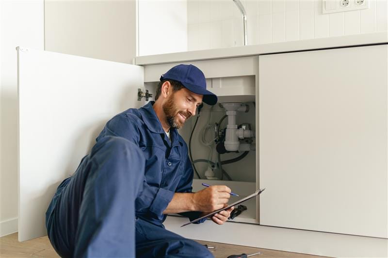 Residential plumber reviewing plumbing repairs in a Winter Garden kitchen