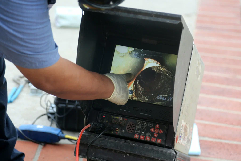 Technician viewing a drain inspection camera in Winter Garden