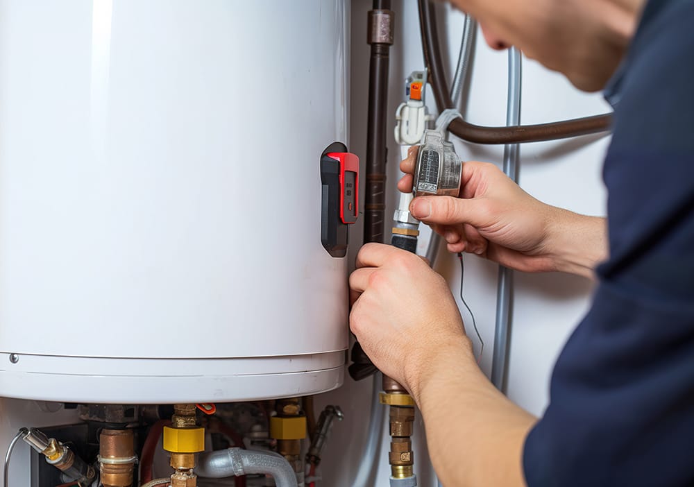 Technician repairing pipes connected to a water heater in Winter Garden